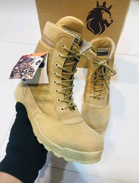 Men's Long Army Boots, Beige Swat Shoes