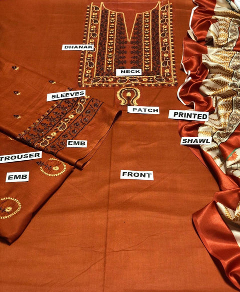 3 Pcs Women's Unstitched Embroidered Suit