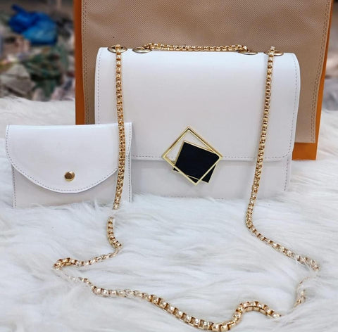 2 Pcs PU Leather Hand Bag With Long Golden Chain For Girls