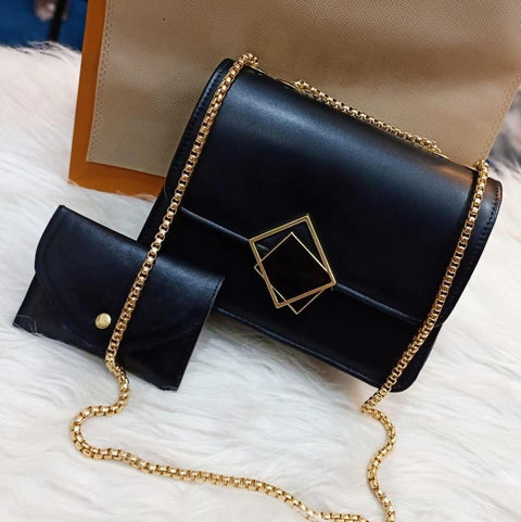 2 Pcs PU Leather Hand Bag With Long Golden Chain For Girls