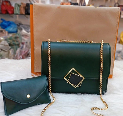 2 Pcs PU Leather Hand Bag With Long Golden Chain For Girls