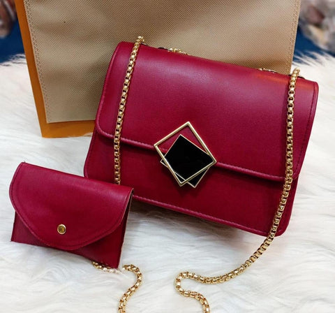 2 Pcs PU Leather Hand Bag With Long Golden Chain For Girls