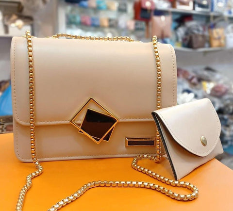 2 Pcs PU Leather Hand Bag With Long Golden Chain For Girls