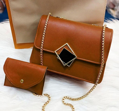 2 Pcs PU Leather Hand Bag With Long Golden Chain For Girls