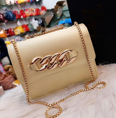 PU Leather Cream Color Plain Hand Bag With Long Chain Strap