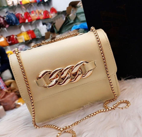 PU Leather Cream Color Plain Hand Bag With Long Chain Strap