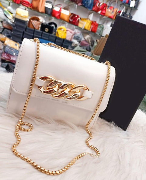 PU Leather White Color Plain Hand Bag With Long Chain Strap