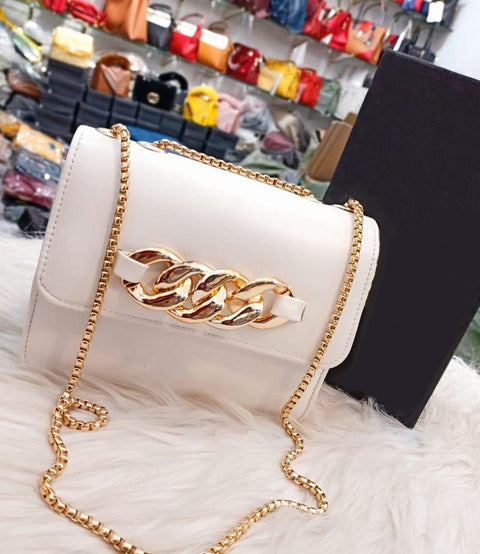 PU Leather White Color Plain Hand Bag With Long Chain Strap