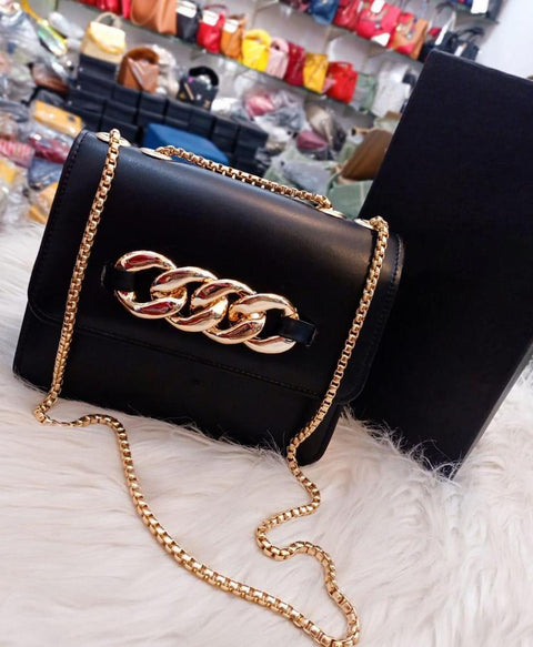PU Leather Black Color Plain Hand Bag With Long Chain Strap