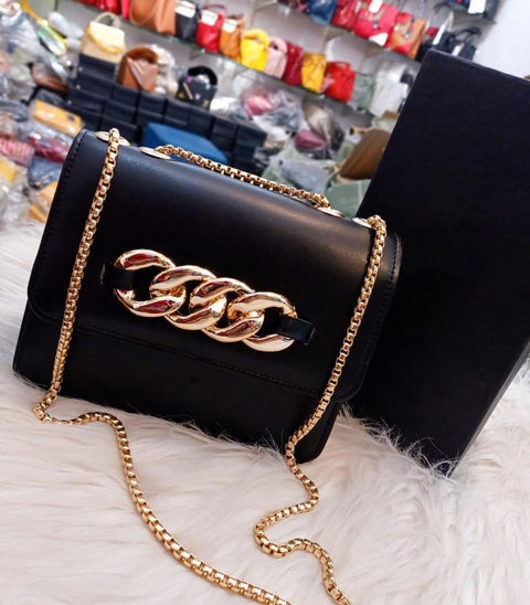 PU Leather Black Color Plain Hand Bag With Long Chain Strap