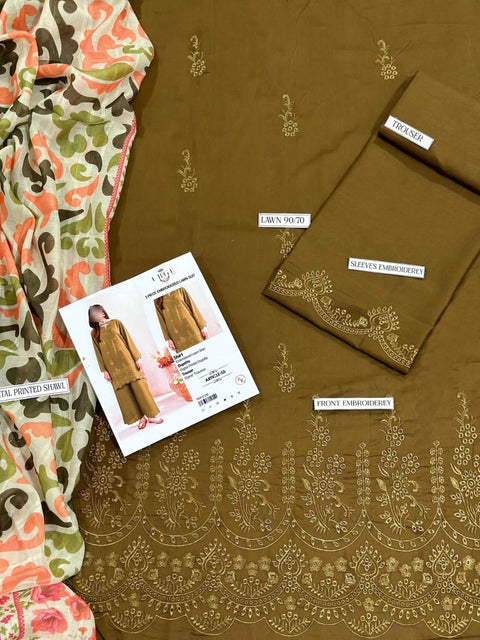 3 Pcs Women's Unstitched Chikankari Embroidered Suit