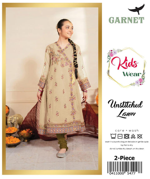 2 Pcs Girl's Lawn Embroidered Unstitched Suit