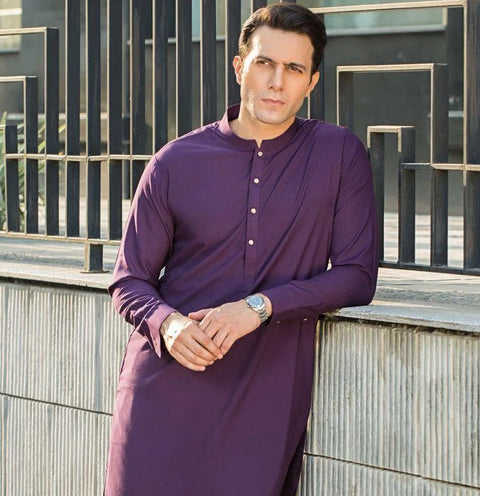Men's Wash And Wear Plain Shalwar Kameez - 2 Pcs in Vibrant Purple